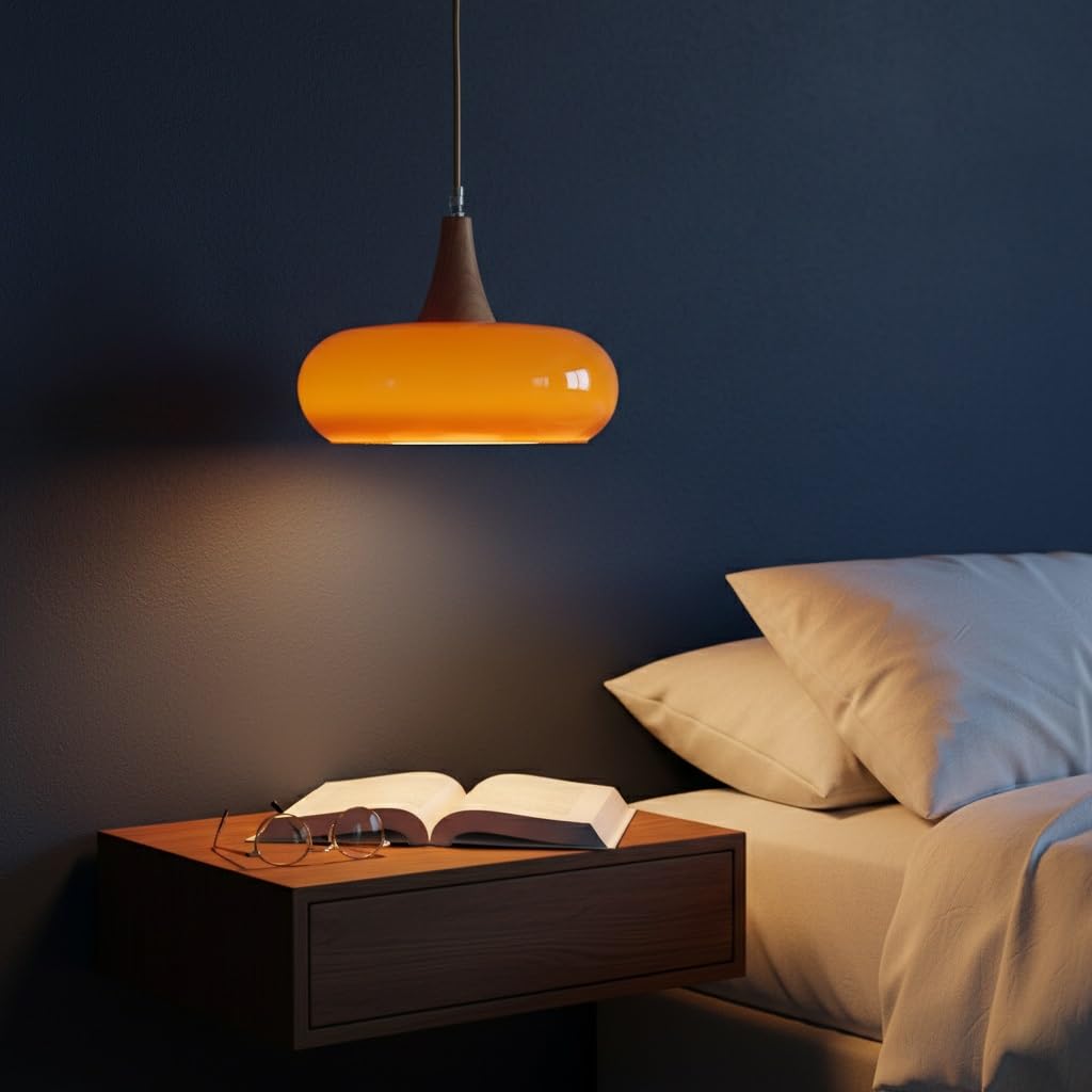Pendelleuchte Orange Glas Vintage, Hängelampe Flach Rund Mid Century Kronleuchter für Küche Schlafzimmer Esszimmer
