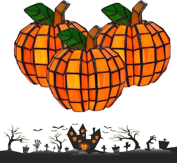 Stained Glass Pumpkin Lamp,Halloweens Pumpkins Ornaments,Pumpkins Stained Accent Lamp,Starry Night Glass Pumpkin, Indoor Fall Decor Halloween Decorations Lantern (3PC)