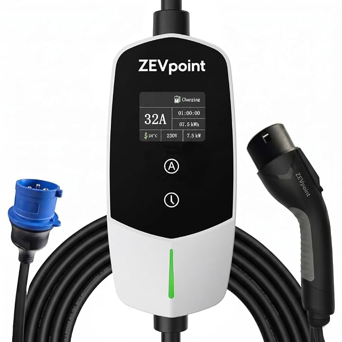 Zevpoint 7.5 kW EV Charger | Carry Bag + Wall Bracket + CEE Socket | 32A, Waterproof | 5m Length, 3” Display | Adjustable Power | Auto Cut, Overload & Earthing Protection (Dash 2.0)