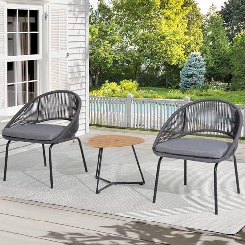 SUNSITT 3 Piece Outdoor Bistro Set, Patio Woven Rope Balcony Furniture Set w/Removable Cushion, All Weather Patio Furniture Chairs and Acacia Wood Coffee Table for Garden, Backyard, Grey