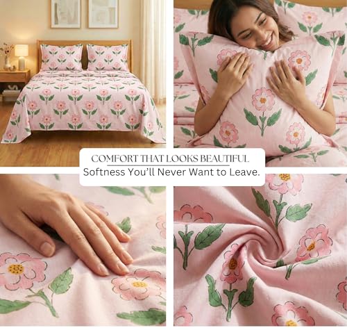 Image of BSB HOME Cloud Cotton King Size Bedsheet Set 228 x 254 cm, 220 Thread Count Soft & Breathable Cotton Bedsheet with 2 Pillow Covers, Floral Printed Bedding for Home (Dusty Pink)