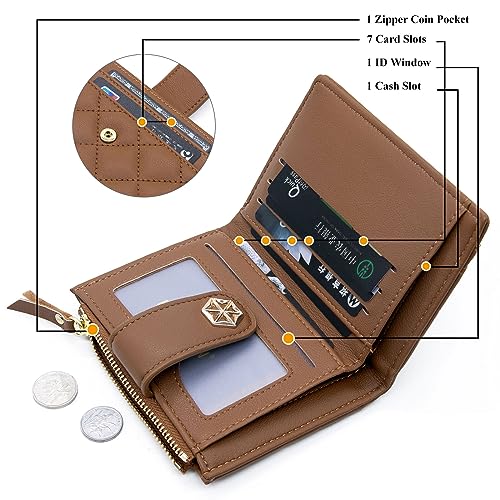 LJCZKA Womens Wallet Card Holder Small Bifold RFID Blocking Purse Short Quilted Leather Pocket for Women Girls Ladies (Brown)2