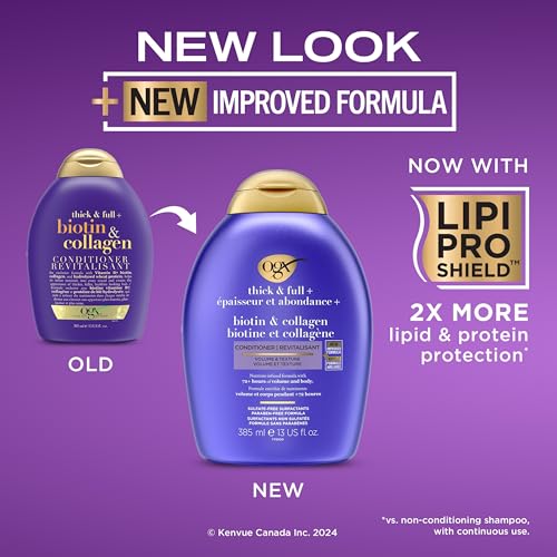 Foto von OGX Thick & Full + Biotin & Collagen Conditioner , nährstoffreiche Volumenconditioner Haarspülung mit Biotin, Kollagen und Weizenproteinen, Haarpflege, sulfatfrei , 385 ml (1er Pack)