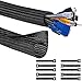 YIUTERA Gestion des câbles tressé organisateur de câble fendu manchon de câble, gestion et organisateur, pour TV, PC, maison, organisateur de cordon +10 PCS réutilisables serre-câbles.(5M-13mm Noir)