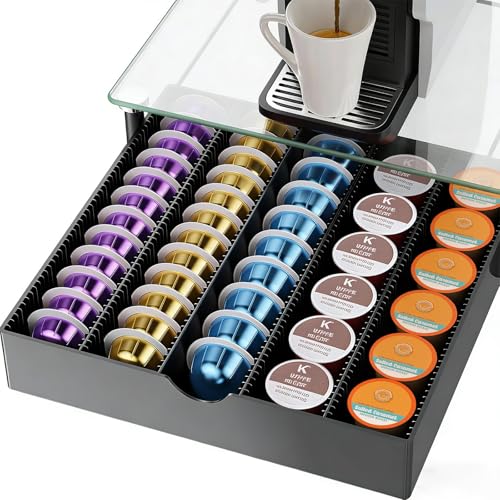 Image of gianotter Crystal Tempered Glass Vertuo Pod Holder Drawer, Compatible with Nespresso Vertuo Capsules, Compatible with 40 Large or 60 Small Nespresso Capsule Organizer (transparent)