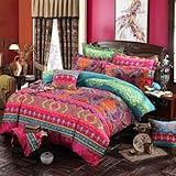 MKXI Queen Size Comforter Set - Bohemian Hot Pink & Turquoise Floral Paisley Comforter Bedding Set - Traditional Striped Bed Set - Boho Microfiber Bed Set - Lightweight