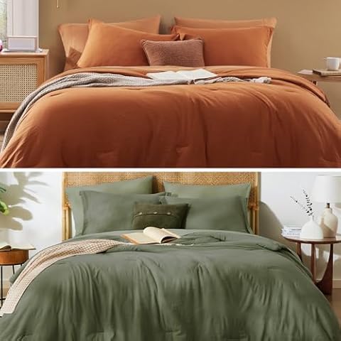 WRENSONGE Soft 7 Pieces Queen Comforter Set Olive Green and Queen Burnt Orange Cover