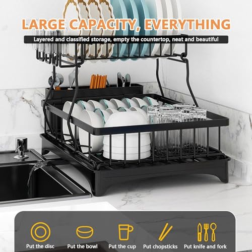 Image of YHK Dish Drying Rack, Rustproof Dish Racks for Kitchen Counter with Removable Utensil Holder,Knife Slots and Cups Holder,Large Capacity Drying Rack for Storage Plates Bowls Cups Utensil (RK-281)