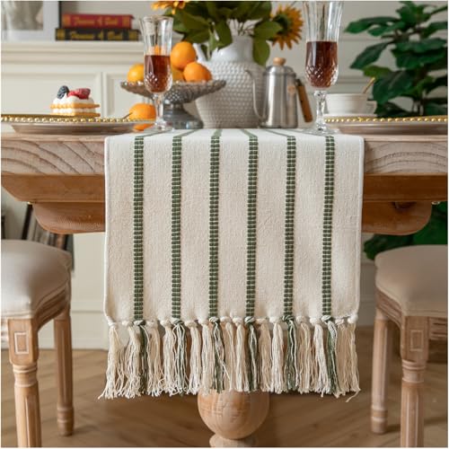 Caflife Boho Table Runner 60 Inchs Long Green and Beige, Cotton and Linen Woven with Tassels, for Modern Rustic Farmhouse Neutral Table Runners, Bohemian Kitchen Dining Table Home Decor by Caflife - Used condition - US$13.29