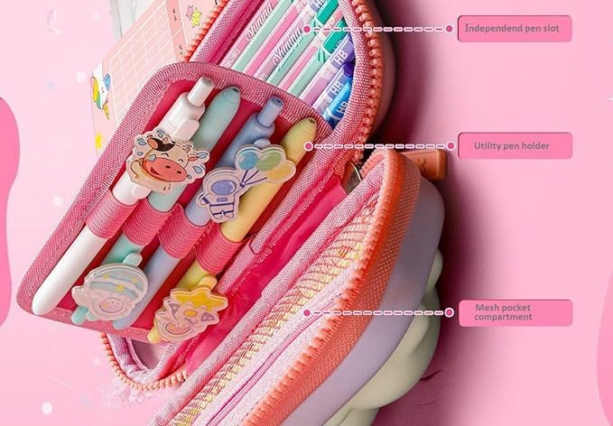 Image of 3D Pink Rabbit Pencil Box with Cute Squishy for Boys for Girls and Kids for School 3D Embossed Pencil Zipper Pouch Storage Box Pencil case (Small Cute Pink Rabbit)