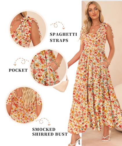 Image of CURBODO Women's Summer Maxi Dress Boho Spaghetti Straps Casual Long A-line Smocked Beach Dress Square Neck Flowy Sun Dress