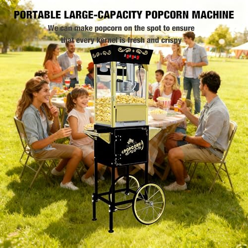 Image of 12 oz Popcorn Machine Cart - Commercial Vintage Popcorn Maker with Storage Stand, Stainless Steel Kettle & Tempered Glass, Ideal for Home Theater, Party Concessions and Carnival Events (Black)