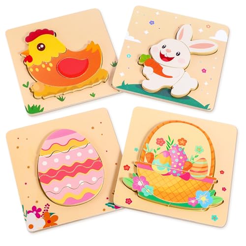 Easter Wooden Puzzles for Toddler - 4 Pack Easter Basket Stuffers Fillers Puzzle Toys for Boys Girls First Easter, Jigsaw Learning Educational Gifts for Easter Party Favors