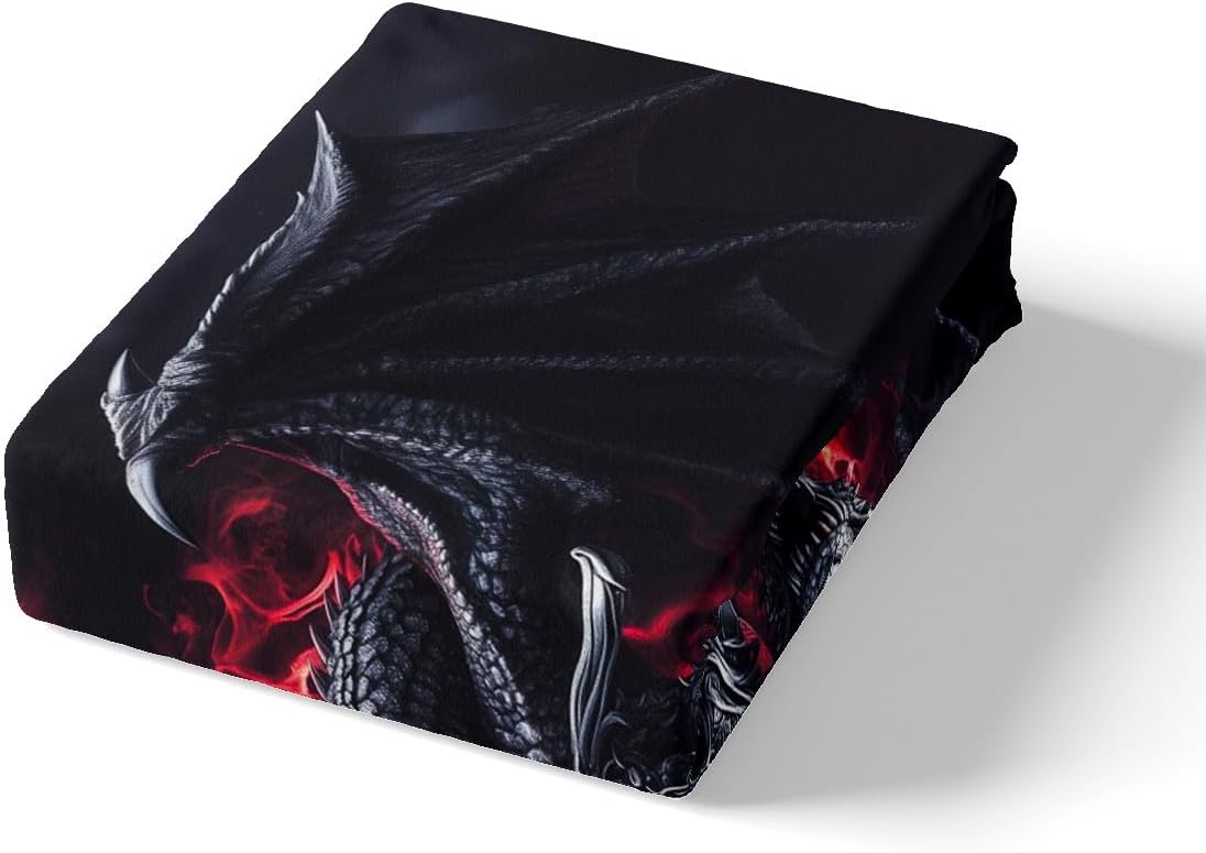 Black Dragon Fitted Sheet Twin Size,Dragon Sword Bedding Set 2Pcs for Kids Girls Boys Teens Room Decor,Western Magical Animals Bed Sheets Ultra Soft Dark Red Deep Pocket Sheet,1 Pillowcase