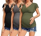 Ekouaer Womens Maternity T Shirts 3 Packs Tunic Nursing Tops Short Sleeve Pregnancy Clothes Black/Dark Grey/Army Green XL