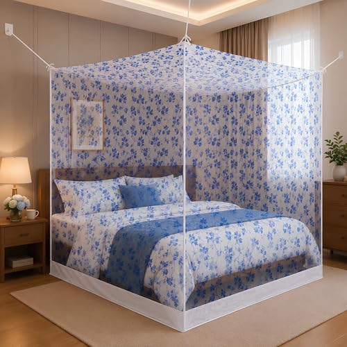 Image of Mosquito Net for King Size Bed & Double Bed, 6x7 Ft, Wall Hanging Machhardani, No Frame Required, Floral Vine Pattern, Premium Poly-Cotton Fabric, Soft Mesh Ideal for AC Rooms (Sapphire Blue Vine)