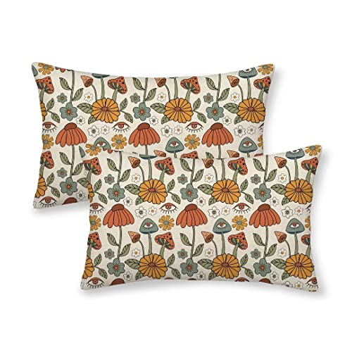BETGINY Boho Throw Pillow Covers 12x20 Set of 2, Yellow Orange Fun Cute Mushrooms Retro Decorative Outdoor Pillow Covers 70s Vintage Floral Linen Farmhouse for Couch Sofa Summer Home Decor
