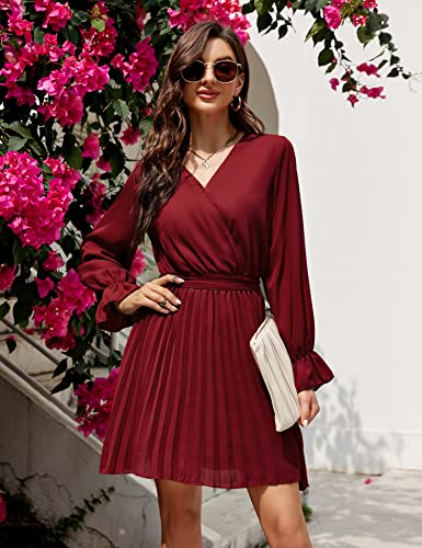 Wine Red Dress For Women Lantern Sleeve Wrap V Neck Dress Pleated Cocktail Dresses With Belt M #TOP3