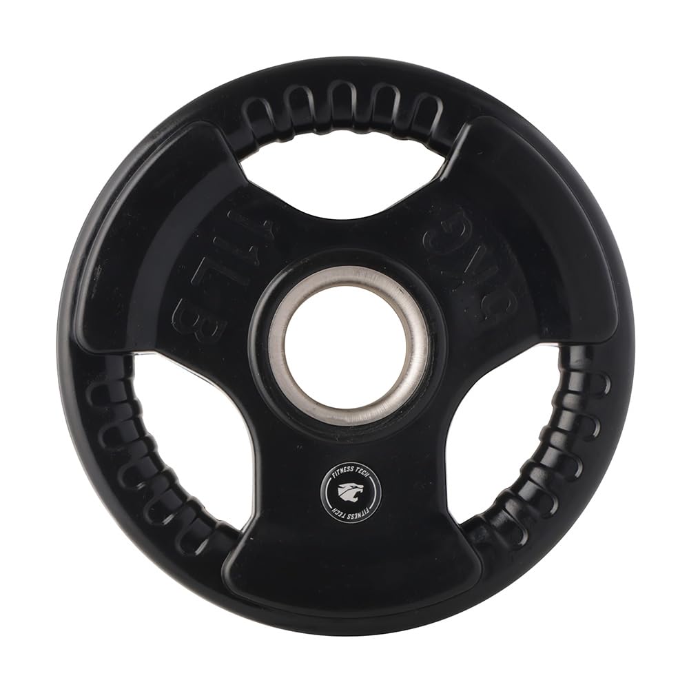 Discos Olímpicos Triple Agarre de Goma Fitness Tech | Set de 2 Unidades | Compatibles con Barras de 50 mm | Pesos de 2,5 a 25 kg | Alta Resistencia y Agarre Seguro (5, Kilogramos)