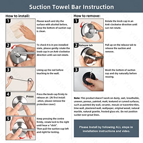 Yohom Suction Cup Towel Bar For Shower 22 Inch Stainless Steel Bathroom Hand Towel Holder Suction Washcloth Holder Kitchen Towel Rack For Glass Shower Door Removable Towel Rod Rail Brushed Wall Mount #TOP6