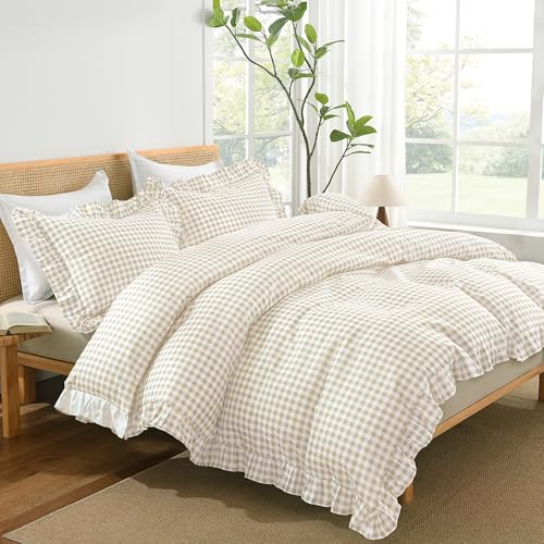 Andency Cream Gingham Duvet Cover King, Ruffle Shabby Bedding Set 3 Pcs