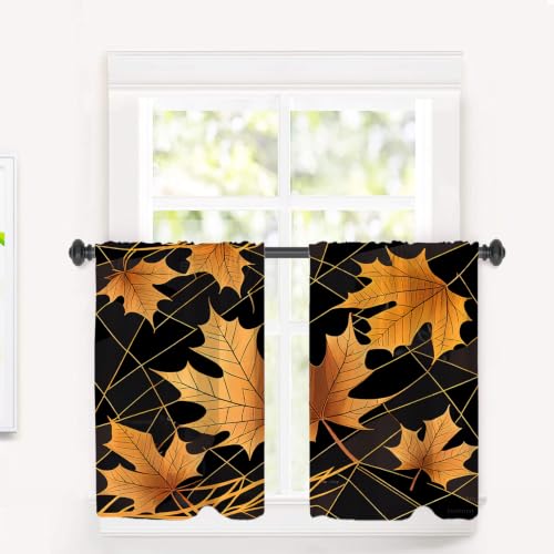 BaoNews Autumn Maple Leaves Blackout Tier Curtains, On Black Grid Half Window Drapes for Kitchen with Rod Pocket,Room Darkening 2 Pack 26X36 Inches