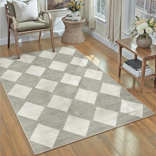 Grau Kariert Teppich Wohnzimmer 90x150cm Waschbarer rutschfest Weich kurzflor Boho Retro Teppiche für Küchen Schlafzimmer Esszimmer Bedroom Living Room Büro Gors | Grau 90 x 150 cm (Rechteck