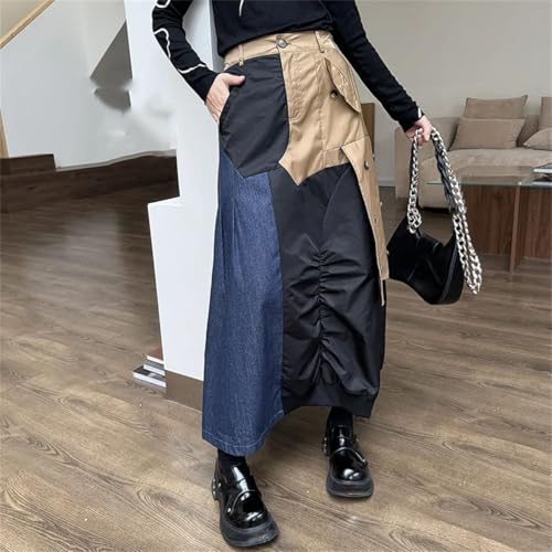 Women's Vintage Maxi Skirt Patchwork Irregular Button High-Waisted Pockets A-Line Pleats Skirts4