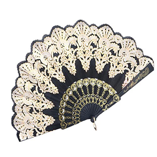 AAPIE Handfächer Vacclo Faltbarer Handfächer Blume Spitze Schwarz Hochzeit Tanz Party Seide Fans Luxus Mode Hot Stamping Fan Spanischer Stil Dekorative Fächer für Männer und Frauen