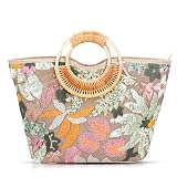 QTKJ Tote Bag for Women, Beach Bag, Sequin Embroidery Straw Bag, Hand-Woven Rounded Bamboo Handle, Bohemian Handbag Large Capacity Shoulder Bag Suitable for Travel Daily(Green)