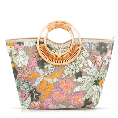 QTKJ Tote Bag for Women, Beach Bag, Sequin Embroidery Straw Bag, Hand-Woven Rounded Bamboo Handle, Bohemian Handbag Large Capacity Shoulder Bag Suitable for Travel Daily(Green)