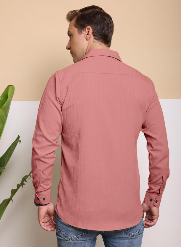 Image of Macsivo Men's Popcorn Shirt with Spread Collared Long Sleeve Button Down Closure Curved Hem Length | Linen Shirt for Man