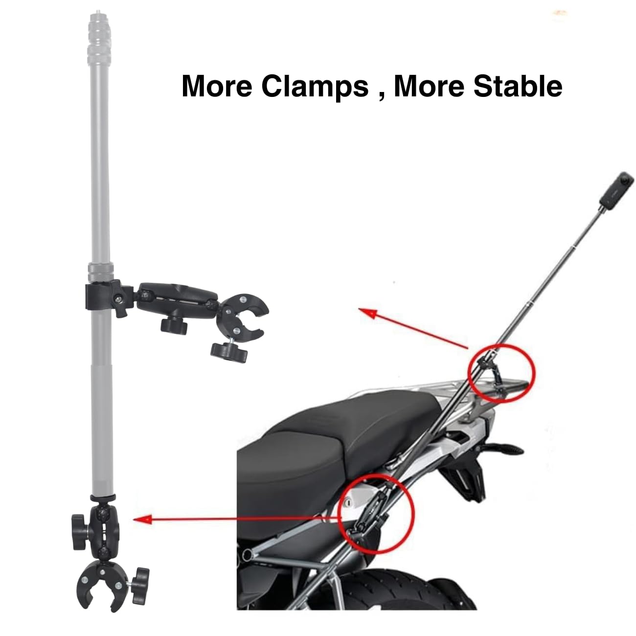 Kamera sportowa na motocykl do Insta360 X5/X3/X2/Ace, GoPro Hero 13, Hero 12, Hero 11/10, obrót o 360 stopni, podwójny zacisk, materiał aluminiowy, podwójna stabilność