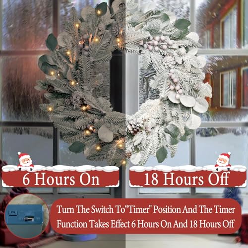 22-Inch Lighted Artificial Christmas Wreath with Red Berries and Pine Cones for Indoor and Outdoor Decor