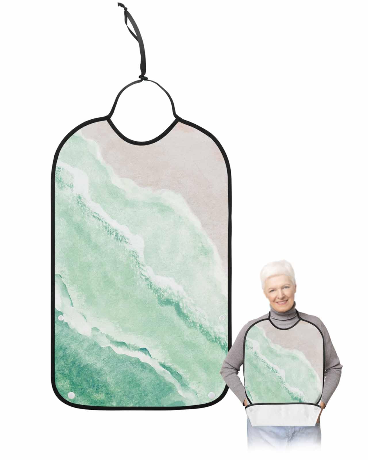 LEOKOTI Teal Summer Beach Adult Bibs for Eating, Waterproof Bibs with Food Catcher & Adjustable Snap Closure, Coastal Nautical Ocean Seaside Washable Clothing Protectors Adult Bibs for Elderly