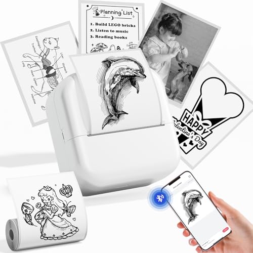 Sticker Drucker Mini für Smartphone, Bluetooth Thermodrucker 203DPI, Pocket Aufkleber Drucker M02L Farbig, inklusive 1 Papierrolle für Studium, Journal, Fotos, Geschenke & Anatomische Diagramme, Weiß