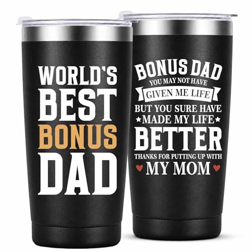 sprodog Bonus Dad Gifts for Fathers Day | Birthday Christmas Gift for Step Dad from Daughter Son Wife, 20oz Stainless Steel Tumbler Cup | Double Sided Printed