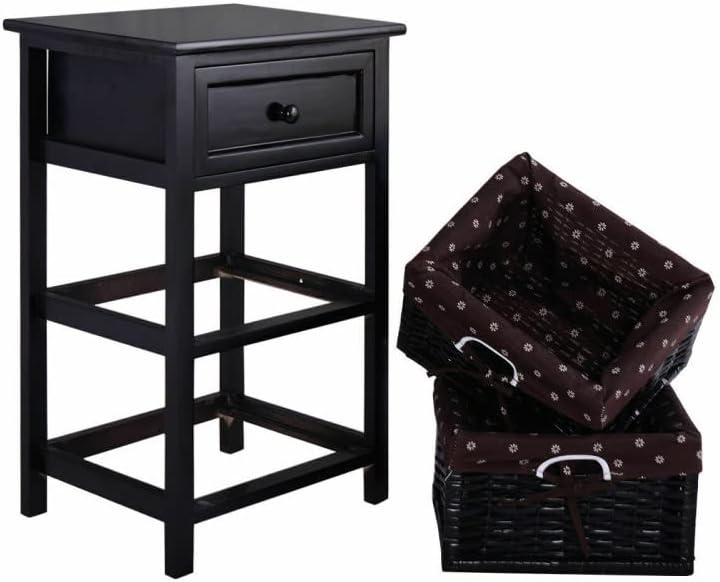 Miniatura 4 de Safeplus Mesita de noche de madera, mesa auxiliar con 1 cajón de madera y 2 cajones de mimbre, organizador de almacenamiento para sofá de noche para