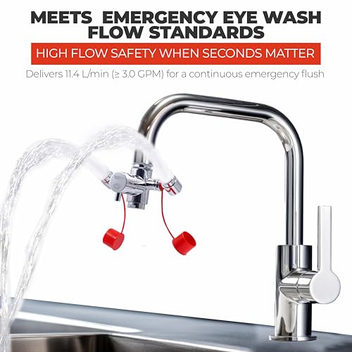 Image of Emergency Eye Wash Station Faucet Mount, Compact Eyewash Station - 1 Pack | 360 Rotatable, Includes Tags, Safety Sign, 3 Adapters - 11.4 L /min High Flow for Lab,Hospital & Industrial Safety