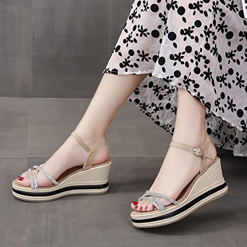 HIONRE Espadrille Wedge Sandal Femme,Chaussures Femme Simples Et Respirantes, Sandales Compensées,Beige,37,Bout Ouvert Faux Cuir avec Cover
