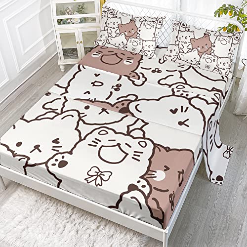 Cvhouse Kawaii Cat Bed Set Sheets Twin Size,Kawaii Cartoon Cat Bedding Sets For Girls Kids Teens,Cute Cat Fitted Sheet Sets,1 Flat Sheet & 1 Fitted Sheet With 2 Pillow Cases - 4 Pieces #TOP18