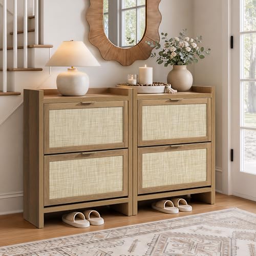 SICOTAS Rattan Shoe Storage Cabinet with 4 Flip Drawer - 11.6" Deep Freestanding Shoe Organizer with 6 Shelves for 40 Pair Shoes, Boho Large Shoe Rack Cabinet for Entryway Hallway Foyer, Oak, 2PCS