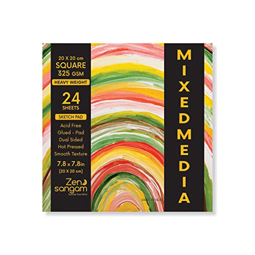 Image of Zen Sangam Artists' Square Heavy Weight Mixed Media Glued Sketch Paper Pad - 325GSM, Hot Pressed - 24 Sheets - Smooth Texture Surface (20x20cm) For Heavy-body Paints,Calligraphy and BrushPen Lettering