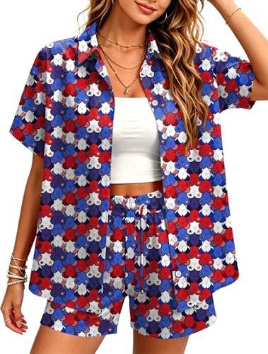 Image of Women 4th of July Outfit 2 Piece Set Short Sleeve Button Down Shirt and Shorts American Flag USA 250th Anniversary