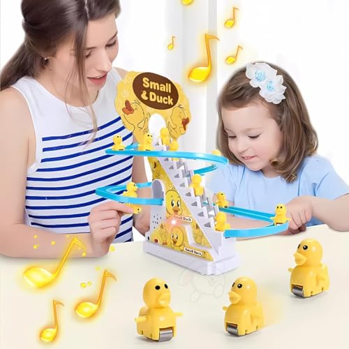 Image of Slide Toy Race Duck Track Set, Funny Automatic Stair-Climbing Ducklings Cartoon Roller Coaster Escalator Toy with Flashing Lights & Music
