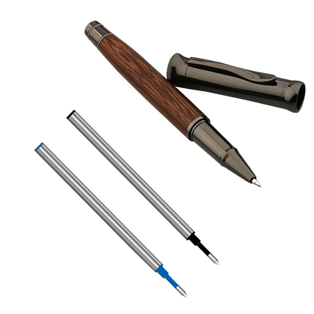 Bolígrafo Roller de madera de ébano natural, caja de regalo de lujo con 3 recambios (2 negros 1 azul), bolígrafo personalizado de escritura fluida 0,5 mm, idea de regalo para hombre y mujer para