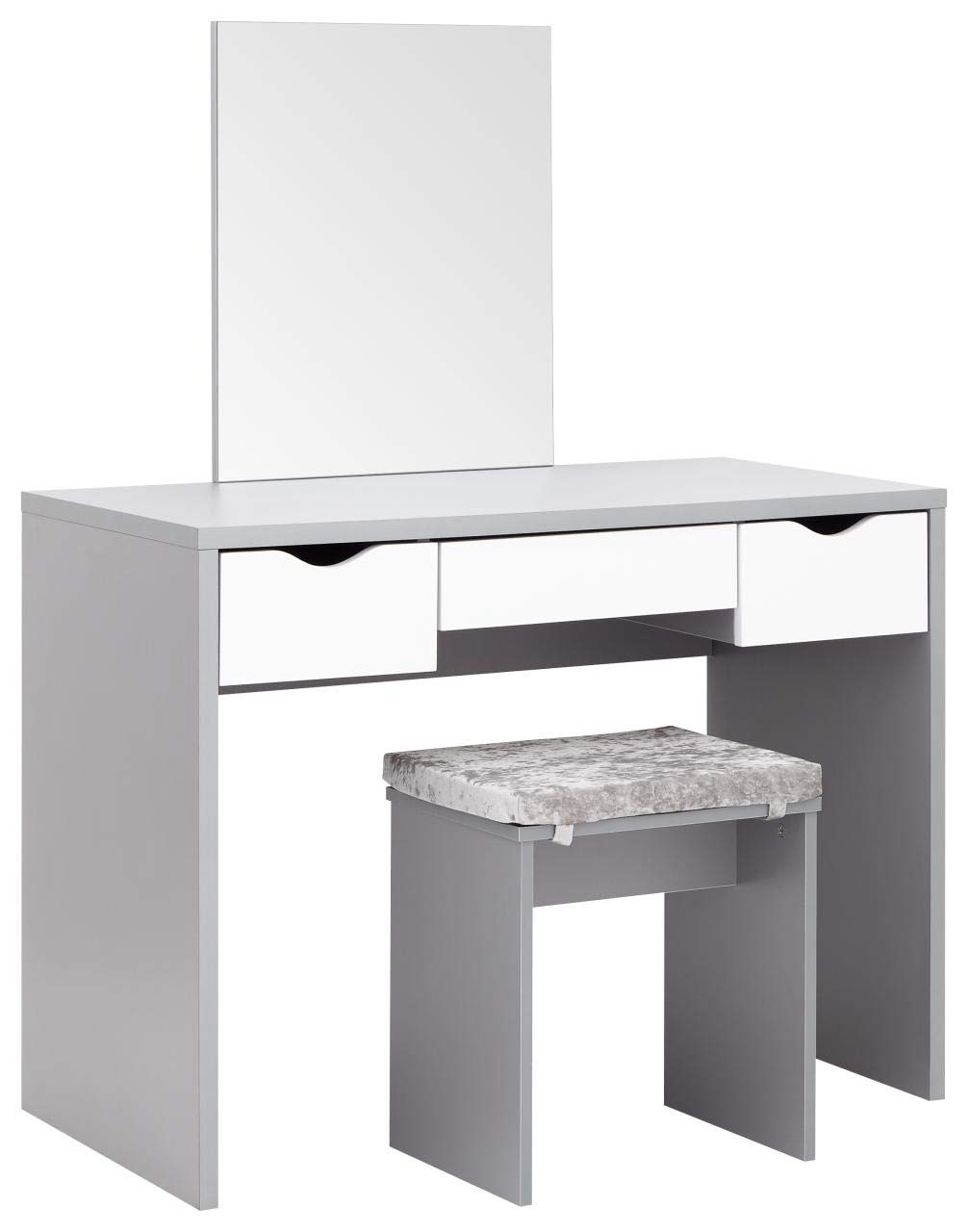 GFW Elizabeth Dressing Table Set, Grey and White Vanity Table with Mirror, 3 Drawers and Padded Stool, Compact Bedroom Furniture