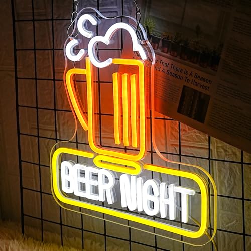 Image of Beer Night Neon Sign for Man Cave Bar Decor Yellow White Beer Neon Light Bar Neon Sign Wall Art for Bedroom Beer Pub Man Cave Restaurant Party Decor