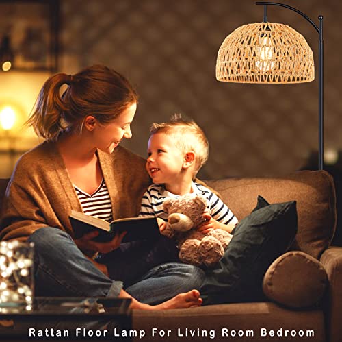 Qiyizm Rattan Floor Lamp For Living Room,Bedroom,Farmhouse,Boho Dimmable Standing Lamp With Control,Wicker Hand-Worked Bamboo Lamp Shade,Black Industrial Modern Floor Light Adjustable Rustic Tall Lamp #TOP2