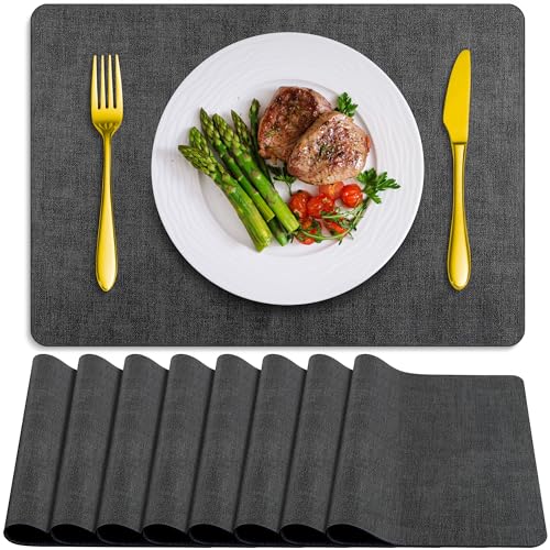 Placemats Set of 8 Washable, Heat Resistant Table Placemats Wipeable Faux Leather Place Mats Non Slip, Waterproof Square Table Mats for Indoor Outdoor, Charcoal Gray